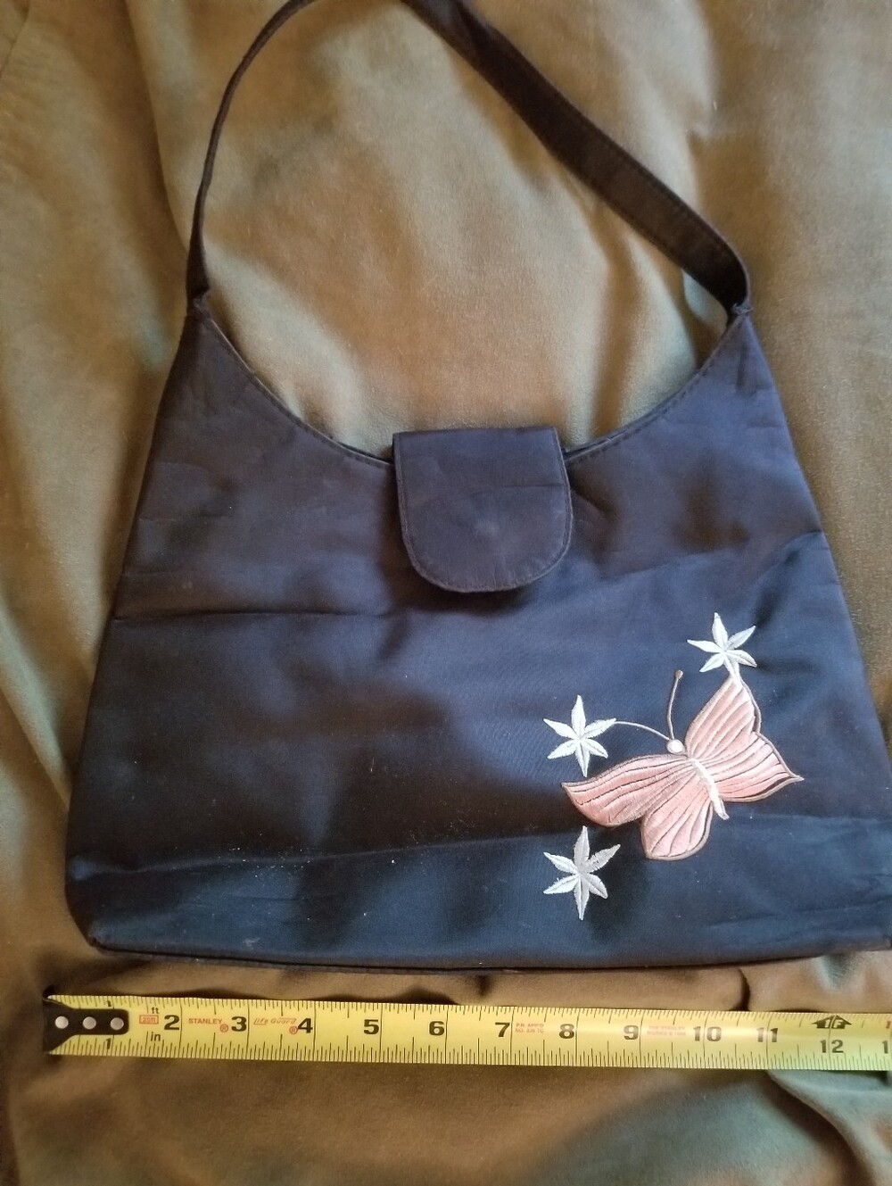 Women's Black Shoulder Bag with Pink Butterfly Embroidery